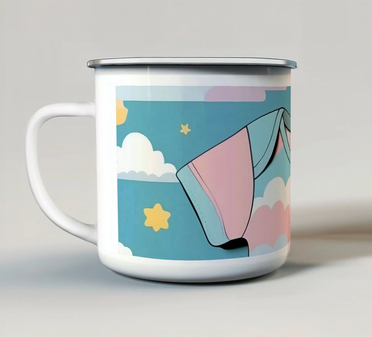Tutina per neonato con motivo a nuvole nei colori blu, rosa e giallo ton. tazza in smalto da DesignDoodle