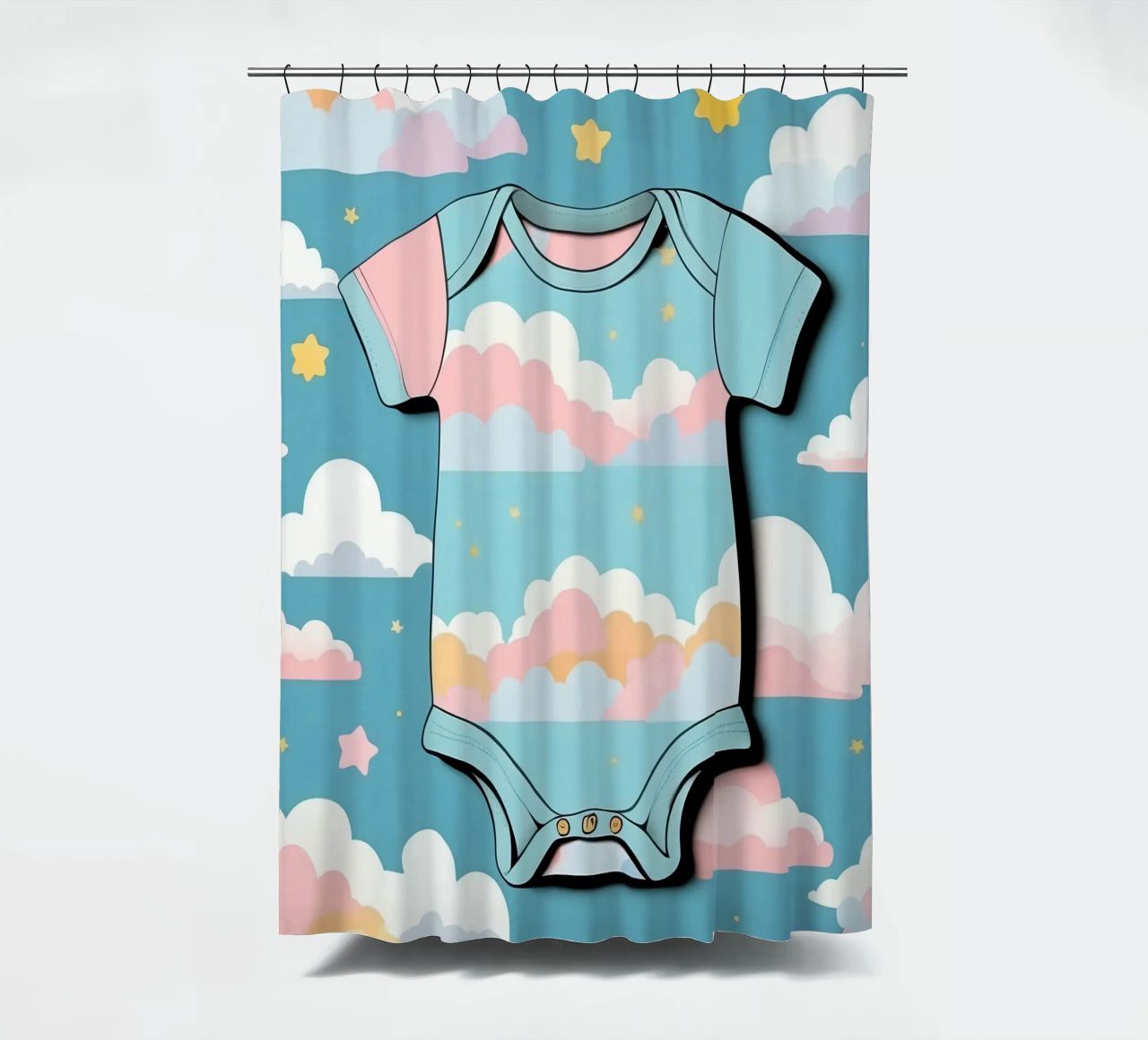 Grenouillère pour bébé avec motif de nuages en bleu, rose et jaune. rideau de douche de DesignDoodle