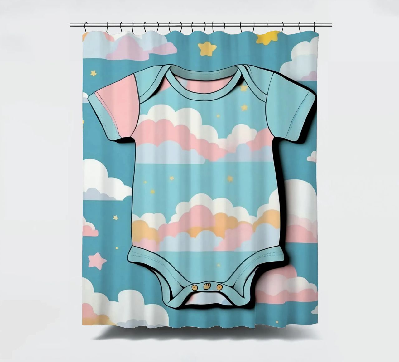 Grenouillère pour bébé avec motif de nuages en bleu, rose et jaune. rideau de douche de DesignDoodle