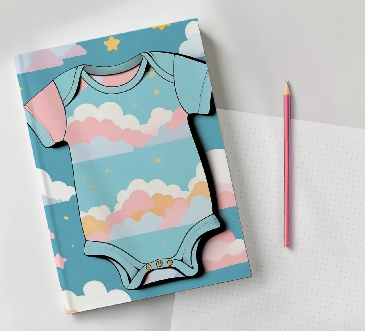 Grenouillère pour bébé avec motif de nuages en bleu, rose et jaune. carnet de notes de DesignDoodle