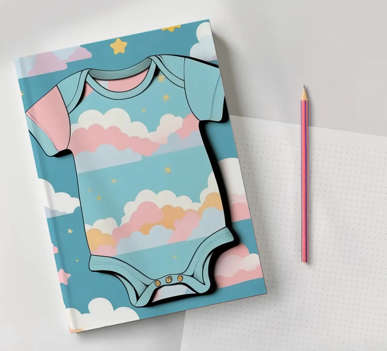Baby onesie met wolkenpatroon in blauw, roze en gele ton notitieboek van DesignDoodle