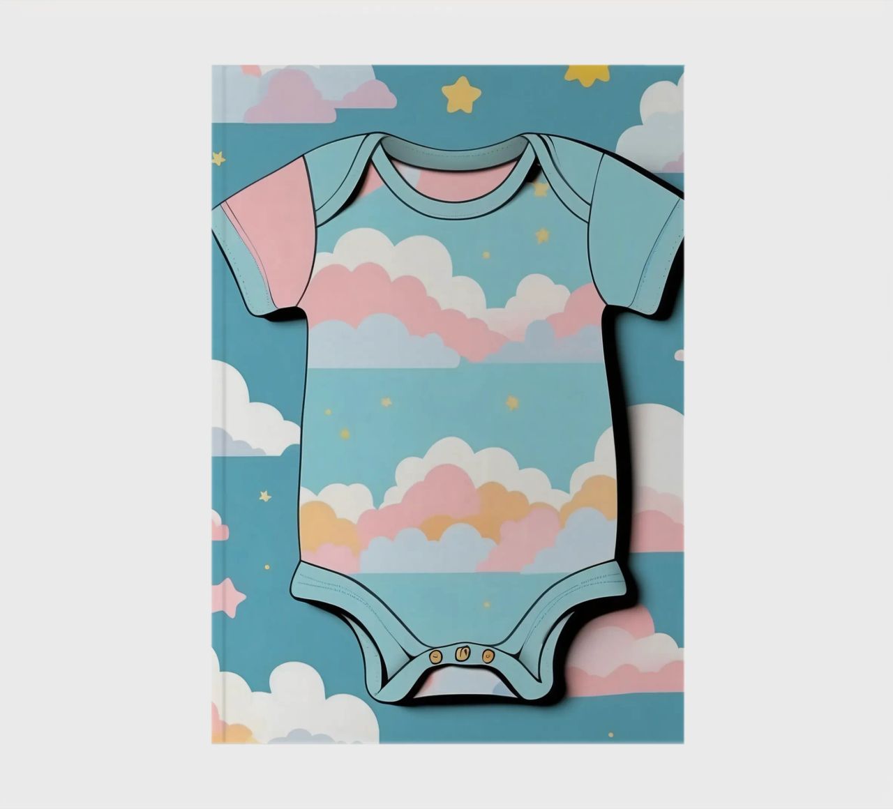 Grenouillère pour bébé avec motif de nuages en bleu, rose et jaune. carnet de notes de DesignDoodle