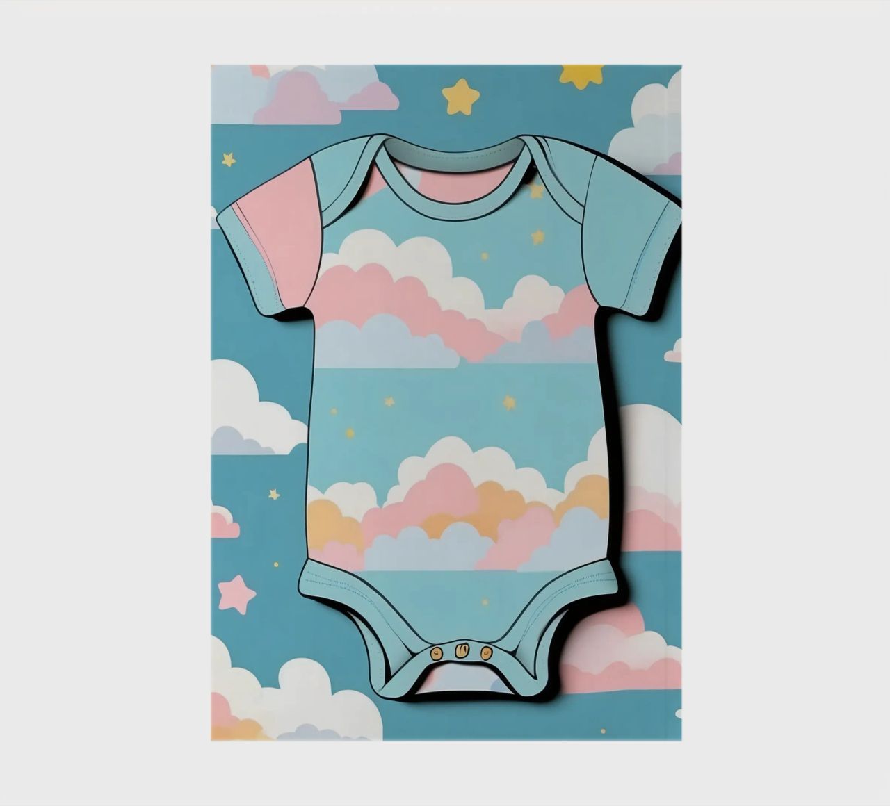 Grenouillère pour bébé avec motif de nuages en bleu, rose et jaune. carnet de notes de DesignDoodle