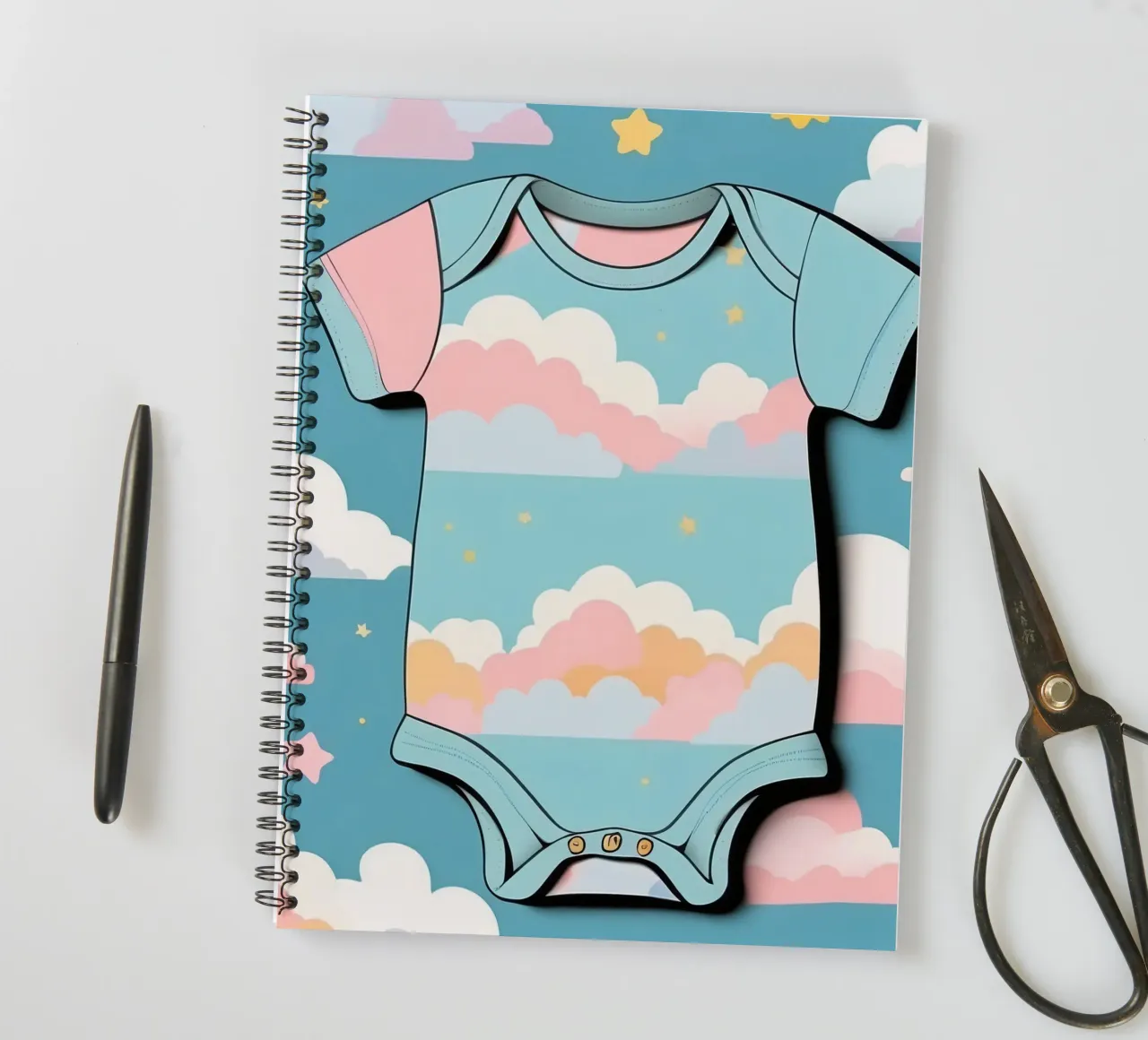 Tutina per neonato con motivo a nuvole nei colori blu, rosa e giallo ton. diario ad anelli da DesignDoodle