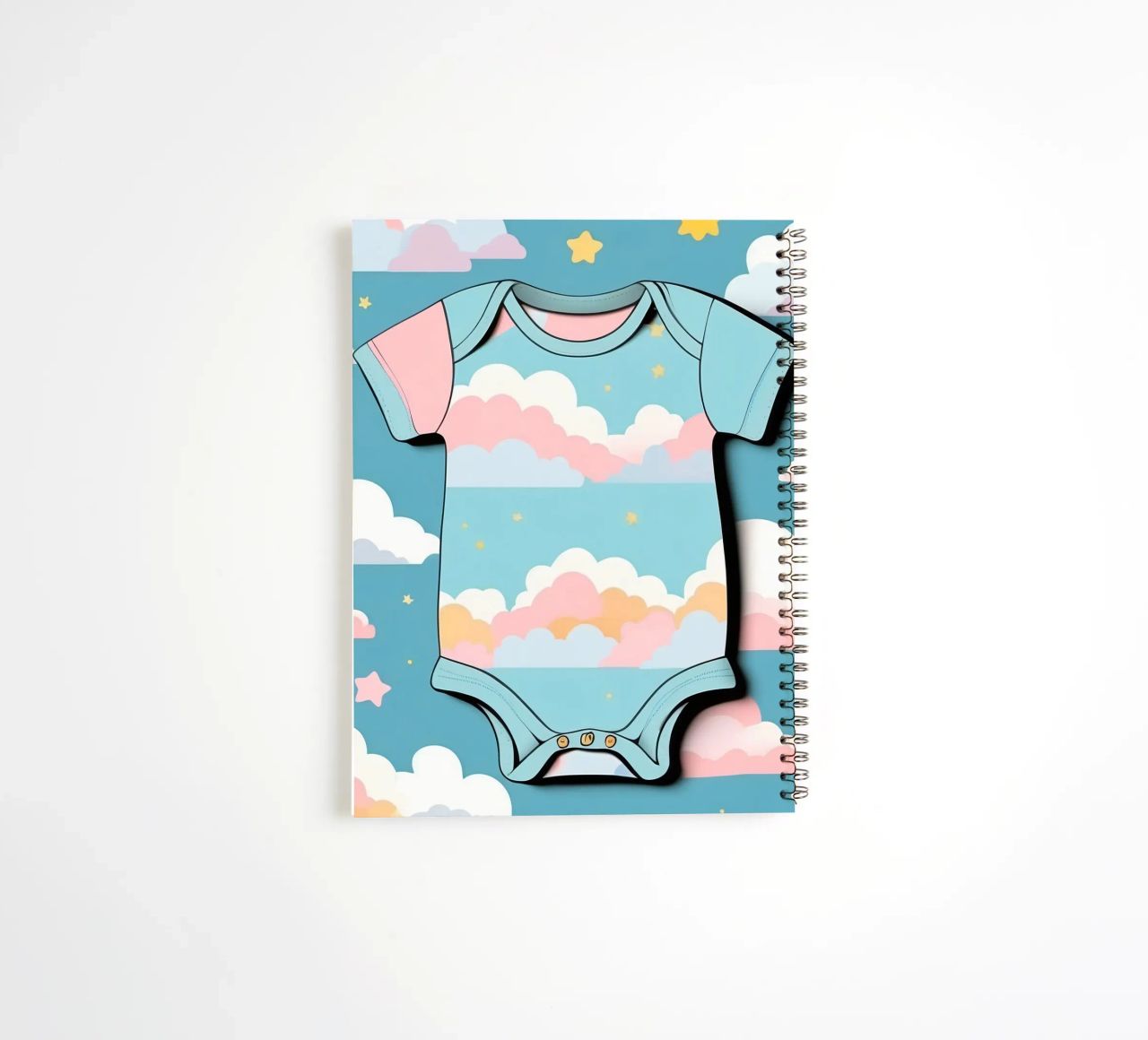 Grenouillère pour bébé avec motif de nuages en bleu, rose et jaune. carnet à spirale de DesignDoodle