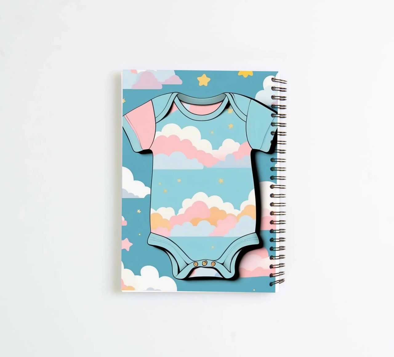 Grenouillère pour bébé avec motif de nuages en bleu, rose et jaune. carnet à spirale de DesignDoodle