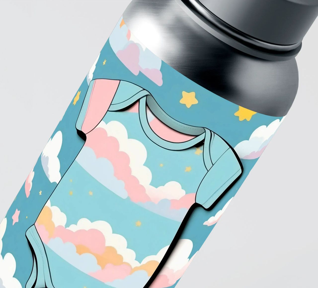 Grenouillère pour bébé avec motif de nuages en bleu, rose et jaune. autocollant de DesignDoodle
