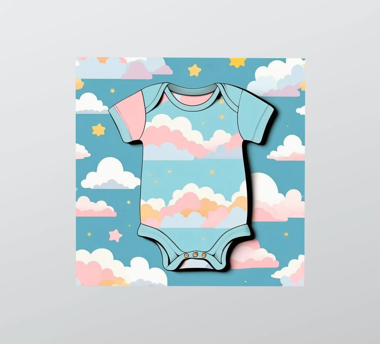 Grenouillère pour bébé avec motif de nuages en bleu, rose et jaune. autocollant de DesignDoodle