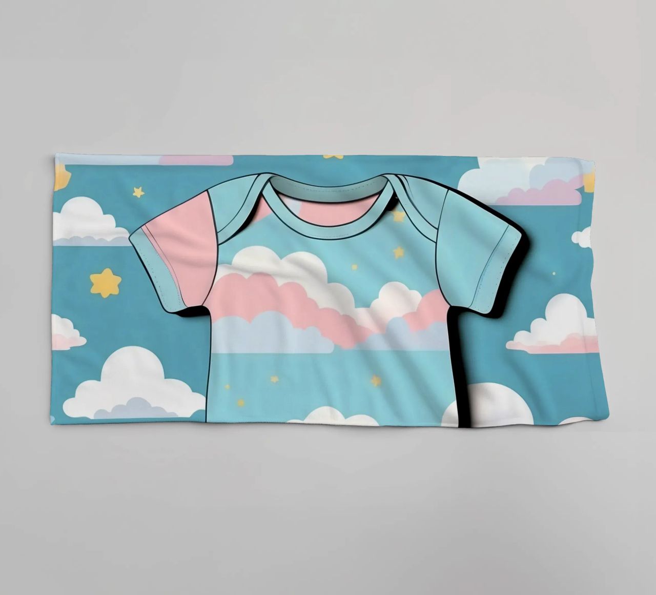 Grenouillère pour bébé avec motif de nuages en bleu, rose et jaune. serviette de bain de DesignDoodle