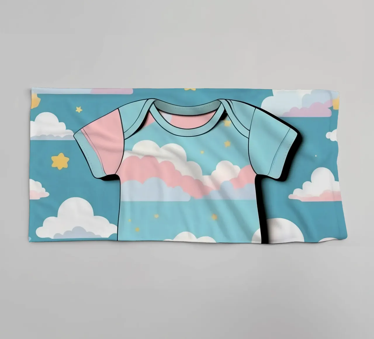 Baby onesie with cloud pattern in blue, pink, and yellow ton towel by DesignDoodle