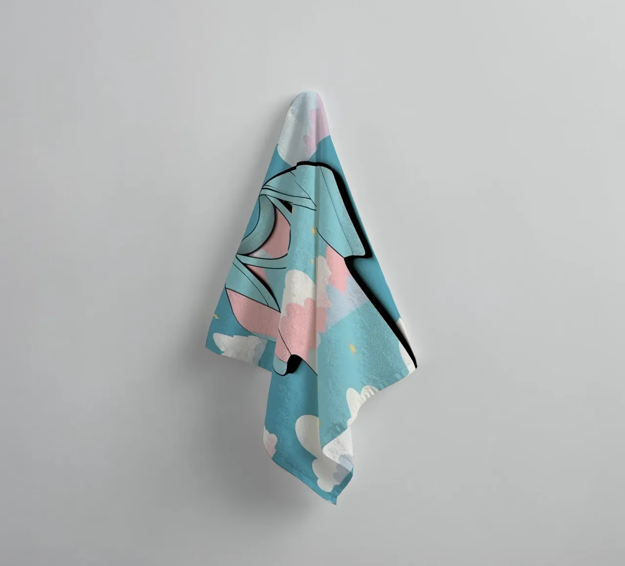 Baby onesie with cloud pattern in blue, pink, and yellow ton towel by DesignDoodle