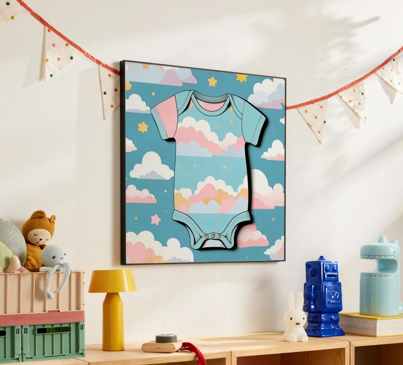 Grenouillère pour bébé avec motif de nuages en bleu, rose et jaune. alu dibond de DesignDoodle