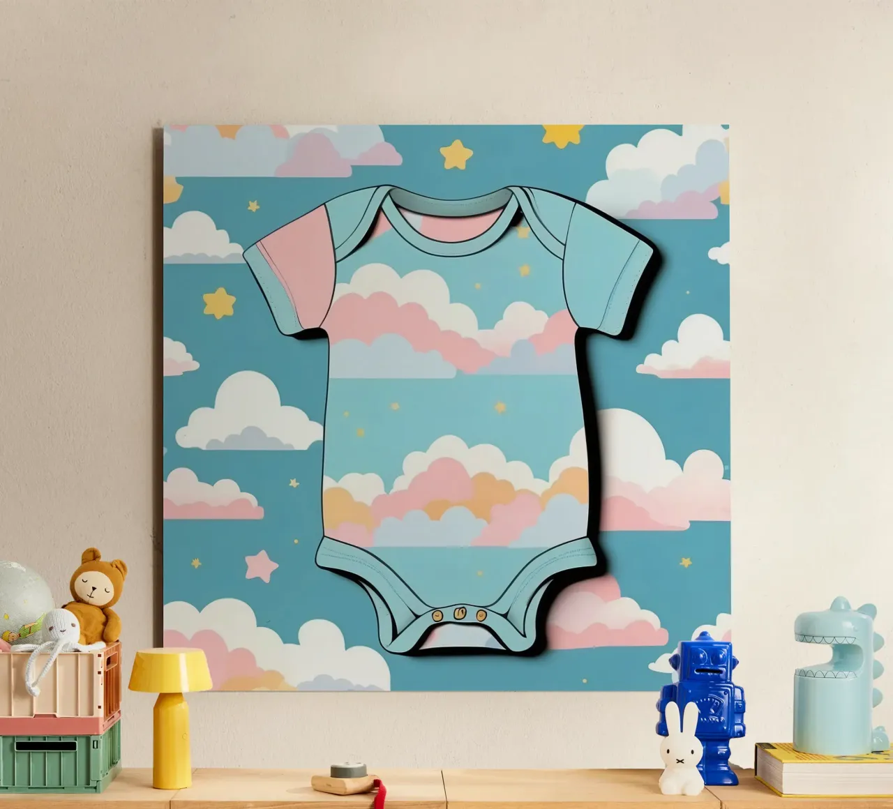Tutina per neonato con motivo a nuvole nei colori blu, rosa e giallo ton. pannello forex da DesignDoodle