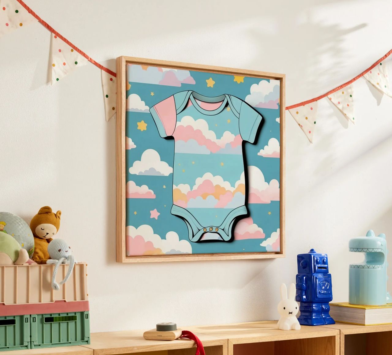 Grenouillère pour bébé avec motif de nuages en bleu, rose et jaune. toile de DesignDoodle