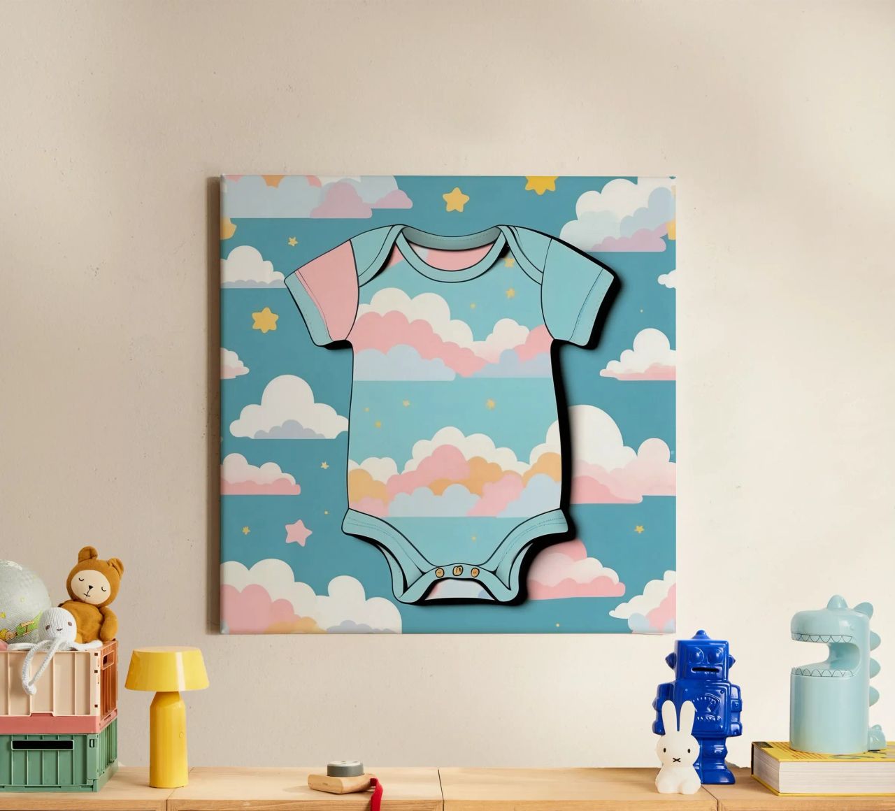 Grenouillère pour bébé avec motif de nuages en bleu, rose et jaune. toile de DesignDoodle