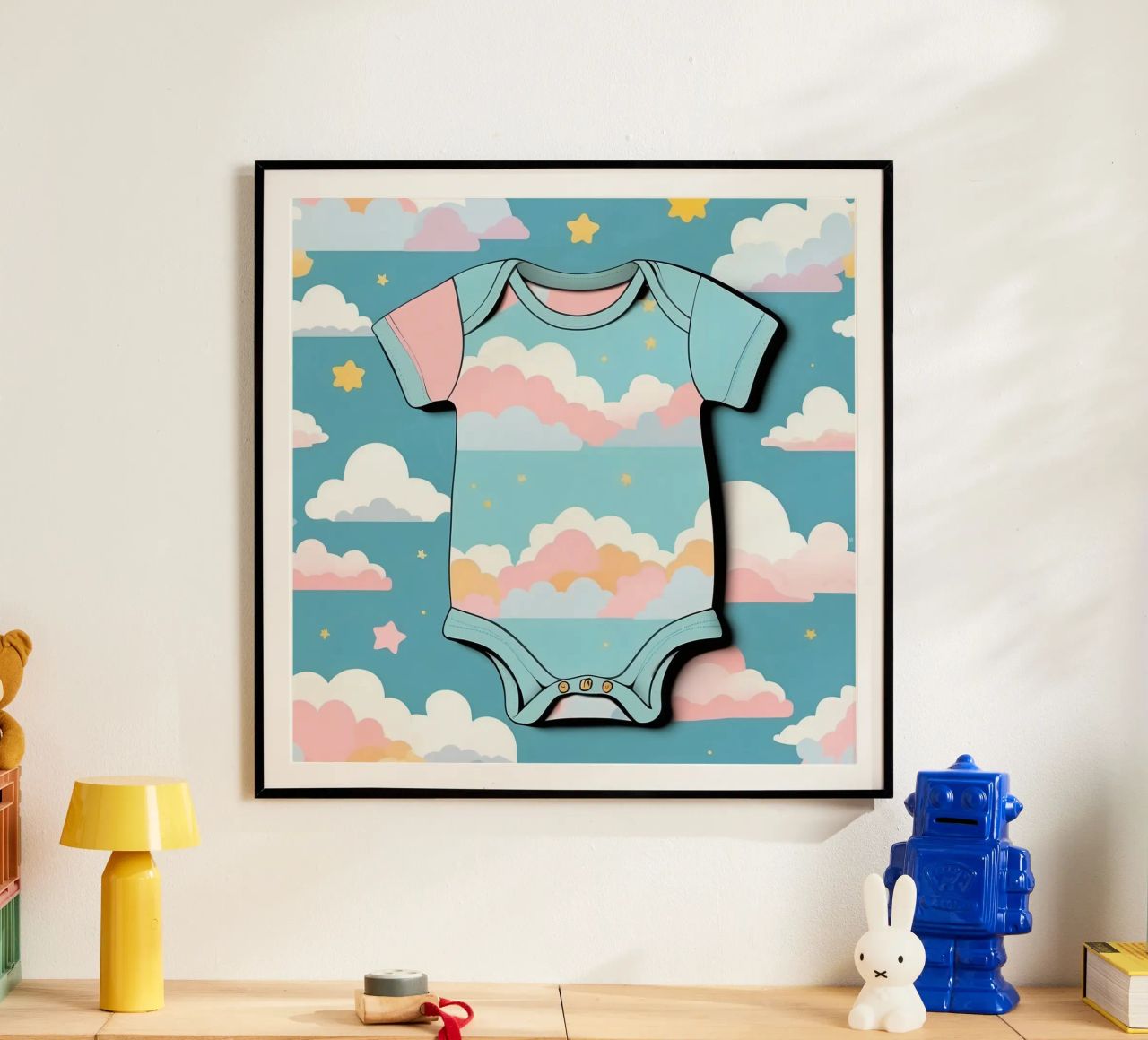 Grenouillère pour bébé avec motif de nuages en bleu, rose et jaune. hahnemühle de DesignDoodle