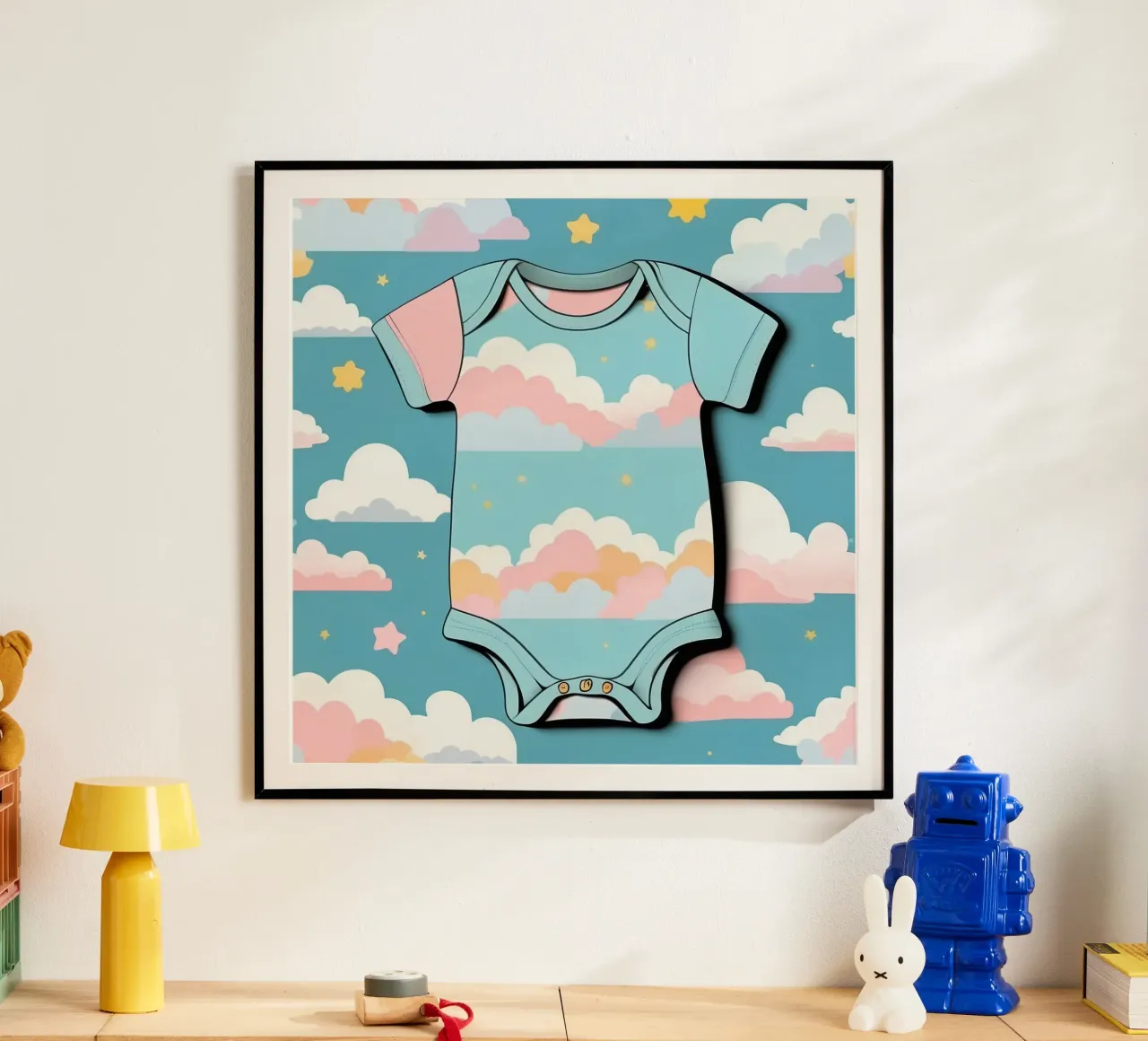 Tutina per neonato con motivo a nuvole nei colori blu, rosa e giallo ton. poster da DesignDoodle