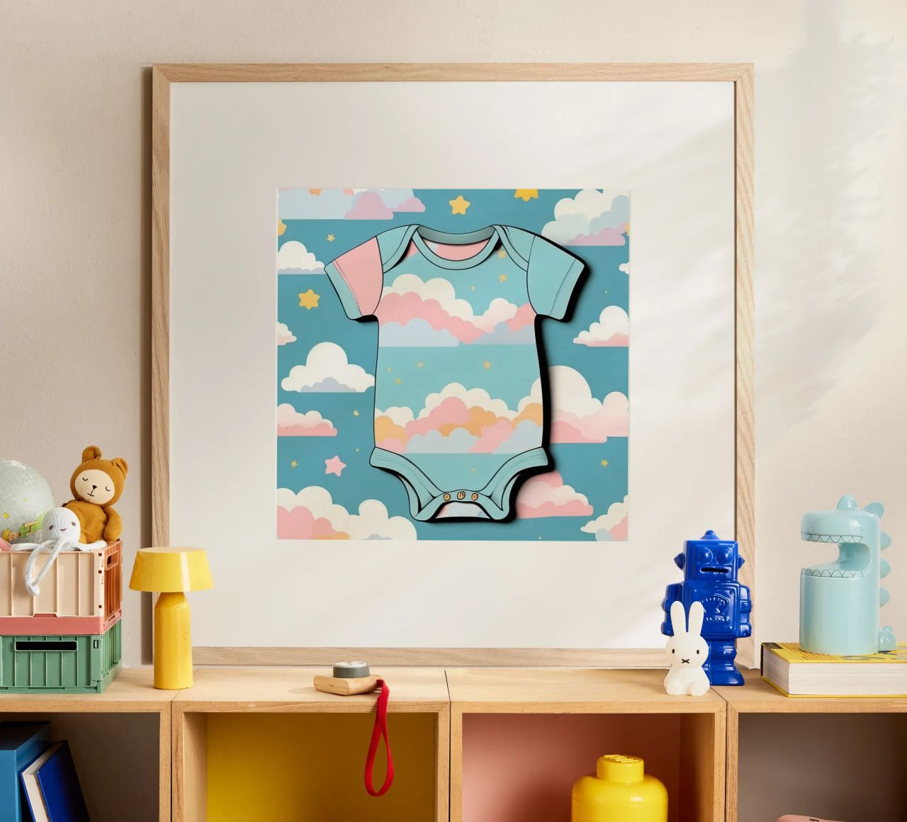 Grenouillère pour bébé avec motif de nuages en bleu, rose et jaune. hahnemühle de DesignDoodle