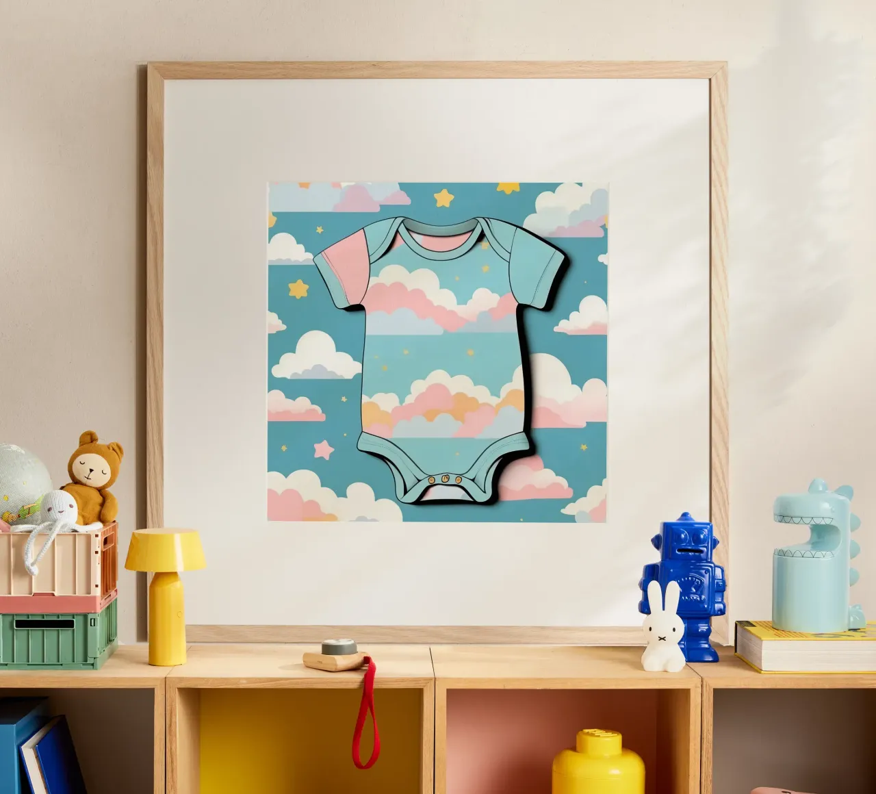 Body de bebé con estampado de nubes en tonos azules, rosas y amarillos hahnemühle de DesignDoodle