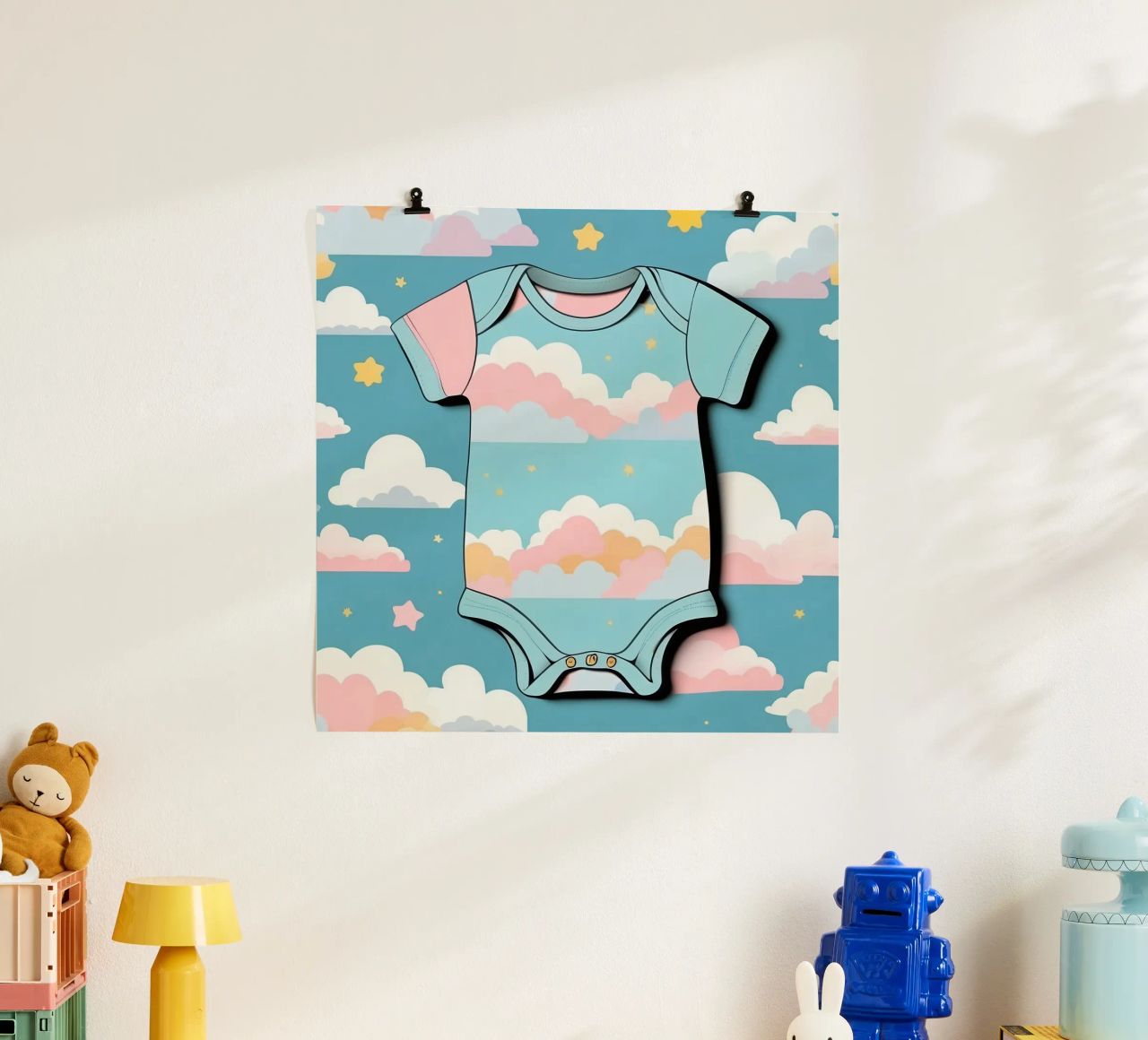 Grenouillère pour bébé avec motif de nuages en bleu, rose et jaune. hahnemühle de DesignDoodle