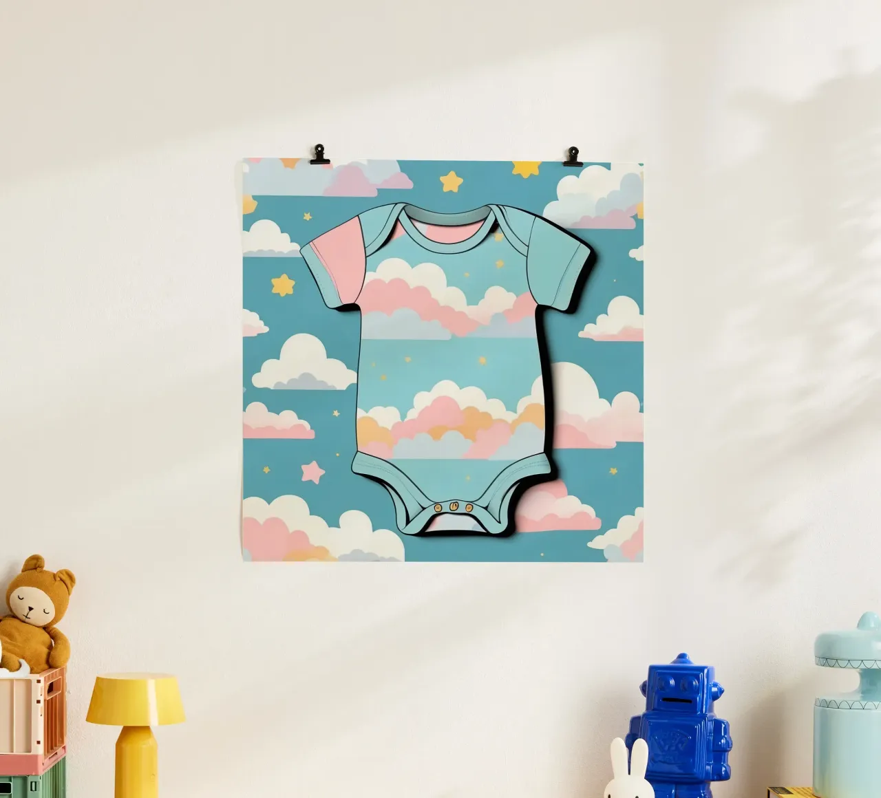 Tutina per neonato con motivo a nuvole nei colori blu, rosa e giallo ton. poster da DesignDoodle