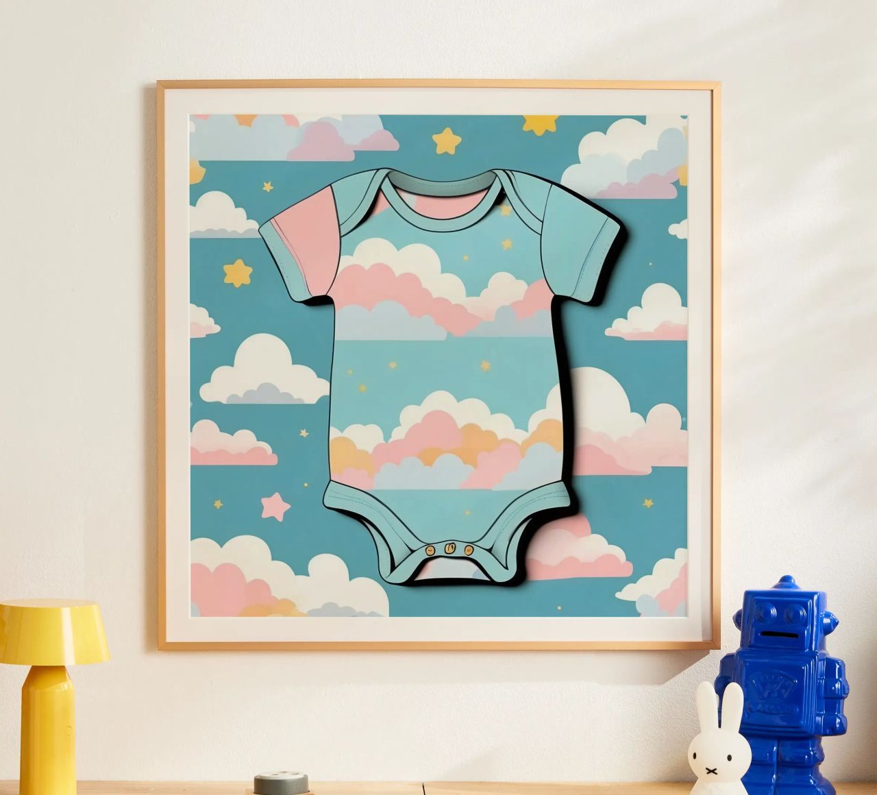 Grenouillère pour bébé avec motif de nuages en bleu, rose et jaune. hahnemühle de DesignDoodle