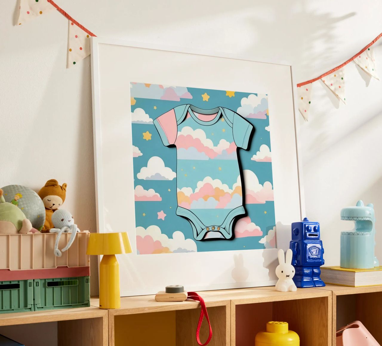 Grenouillère pour bébé avec motif de nuages en bleu, rose et jaune. hahnemühle de DesignDoodle