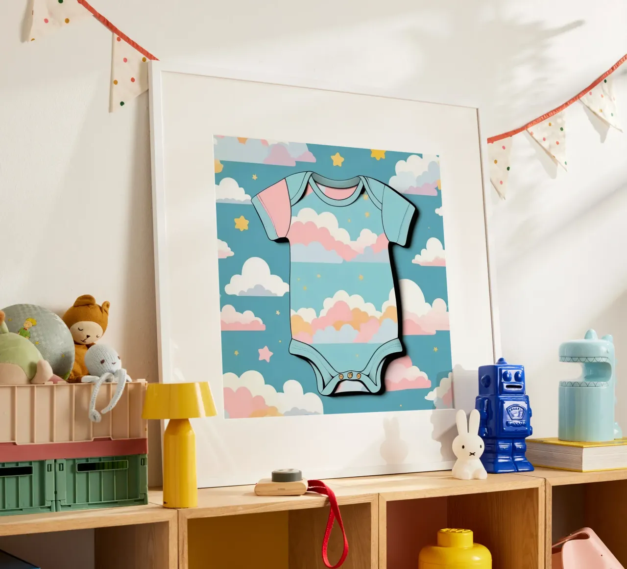 Tutina per neonato con motivo a nuvole nei colori blu, rosa e giallo ton. poster da DesignDoodle