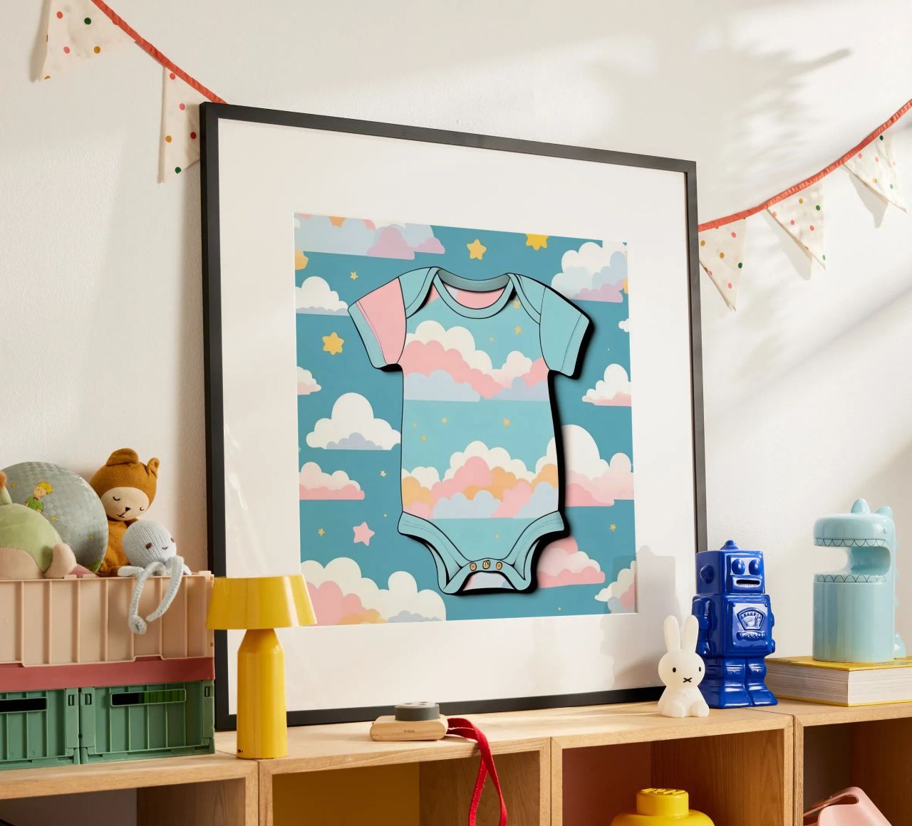 Grenouillère pour bébé avec motif de nuages en bleu, rose et jaune. hahnemühle de DesignDoodle