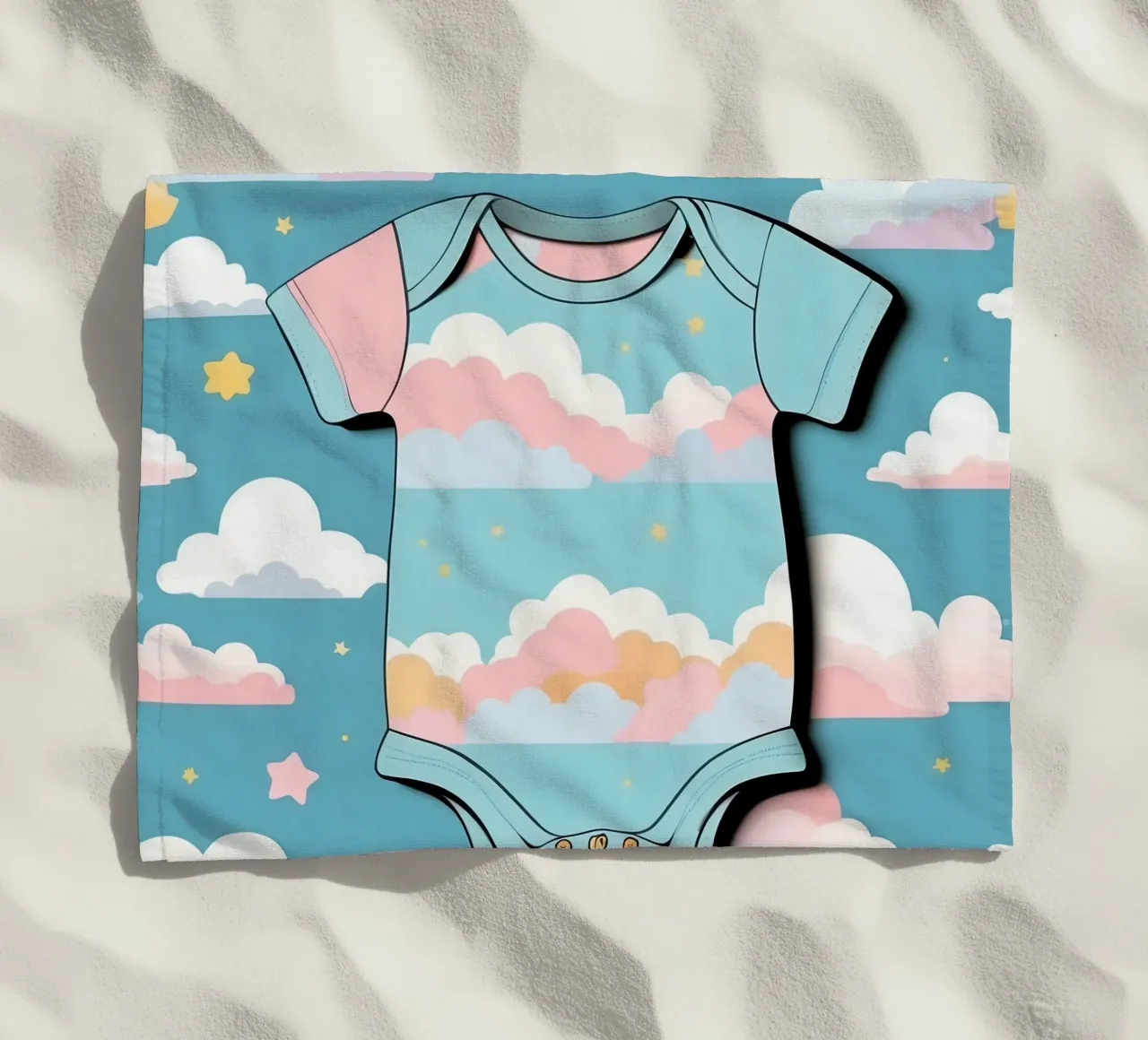 Tutina per neonato con motivo a nuvole nei colori blu, rosa e giallo ton. telo mare da DesignDoodle