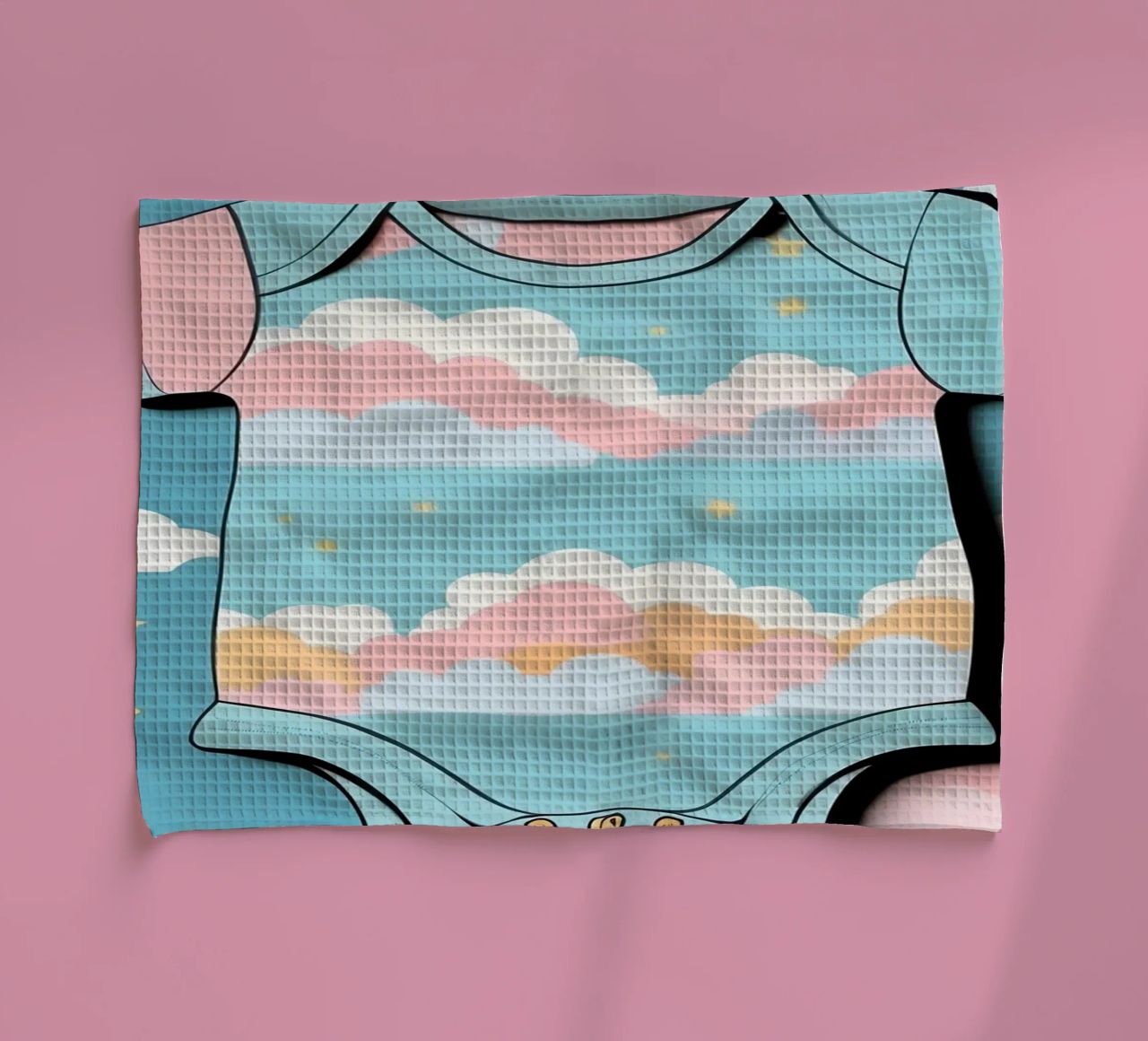 Grenouillère pour bébé avec motif de nuages en bleu, rose et jaune. torchon de DesignDoodle