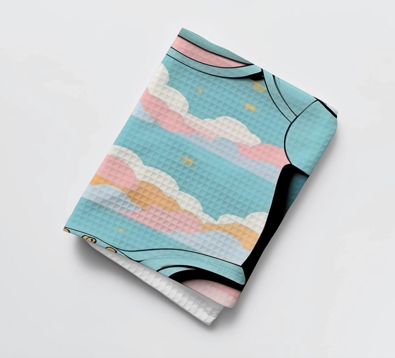 Grenouillère pour bébé avec motif de nuages en bleu, rose et jaune. torchon de DesignDoodle