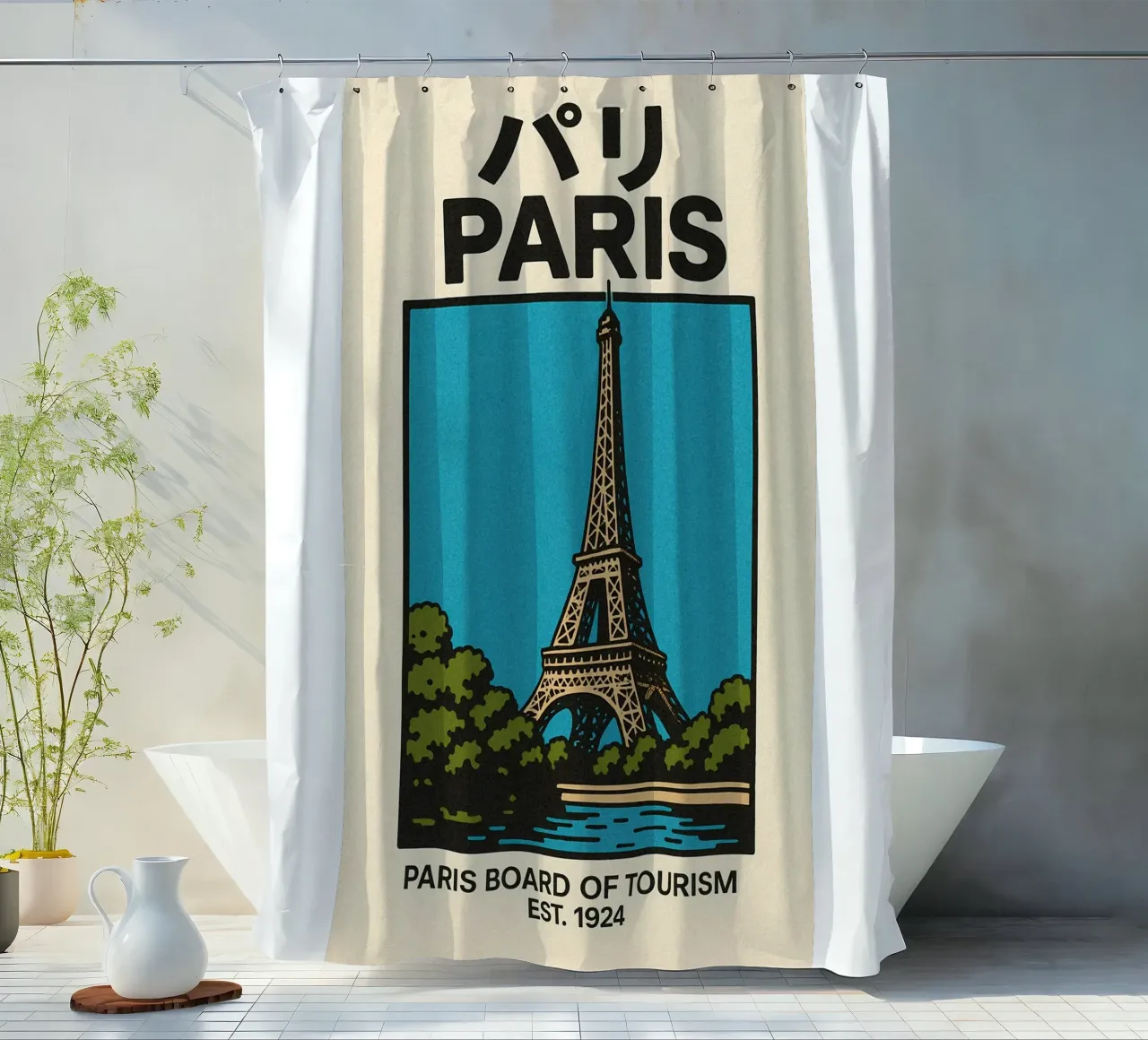 World Icons – Retro Travel Series - Eiffel View tenda da doccia da Studio Mooodz