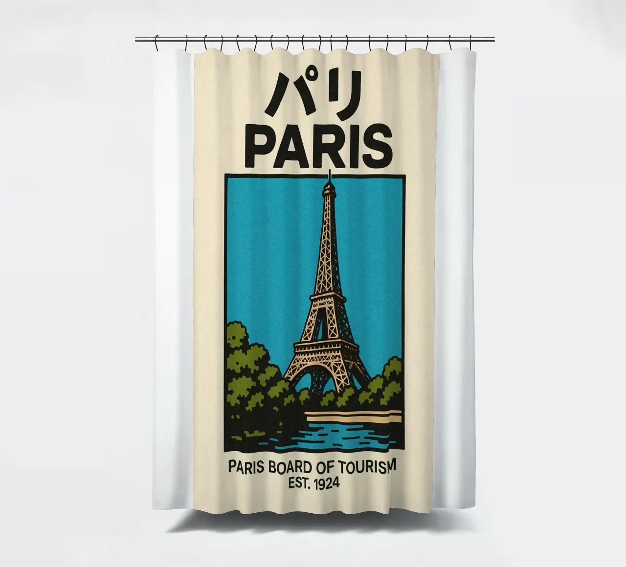 World Icons – Retro Travel Series - Eiffel View tenda da doccia da Studio Mooodz