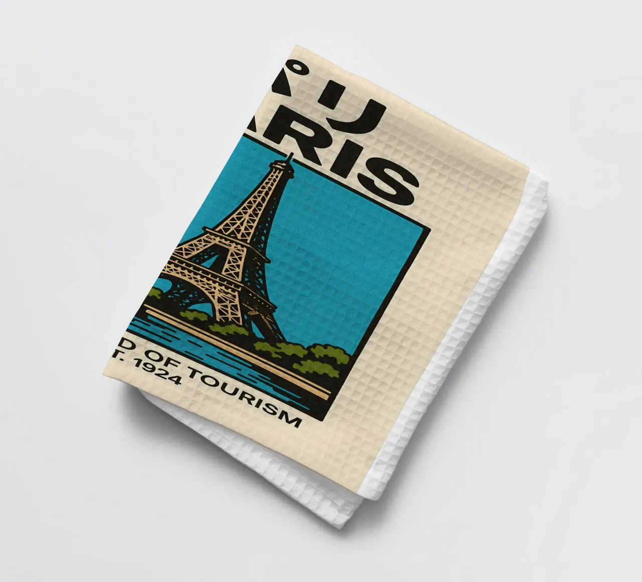 World Icons – Retro Travel Series - Eiffel View Geschirrtuch von Studio Mooodz