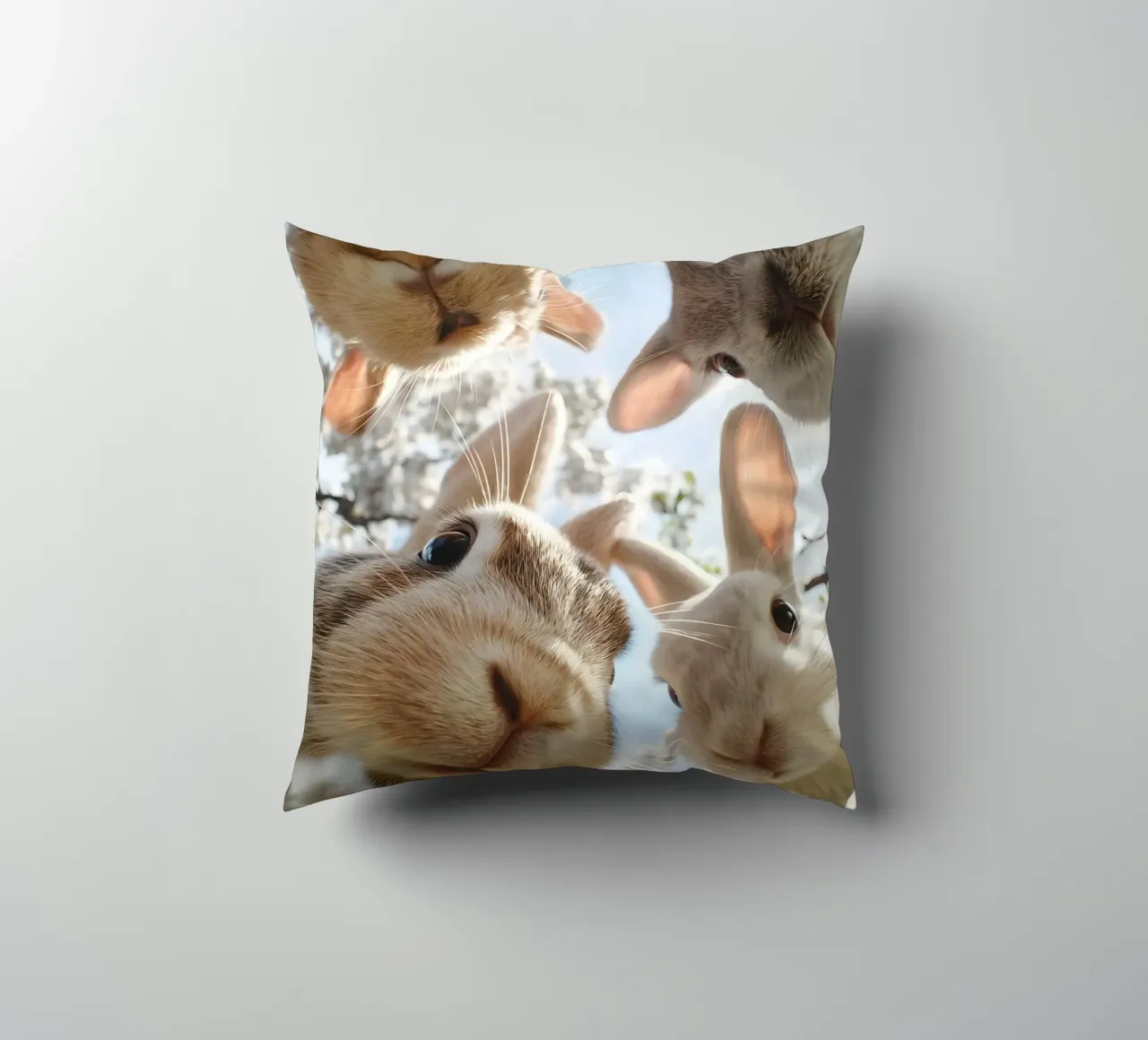 Spring greetings from the rabbit gang decorative cushion by M-Ulrich-Digital Art