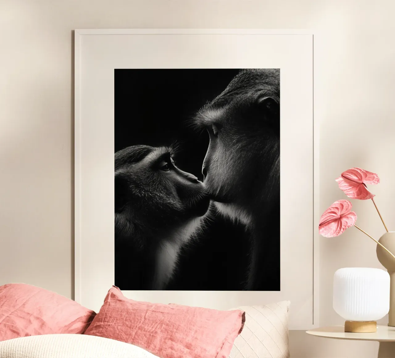 Monkey love | Bacio in bianco e nero poster con telaio in alluminio da Autofocus