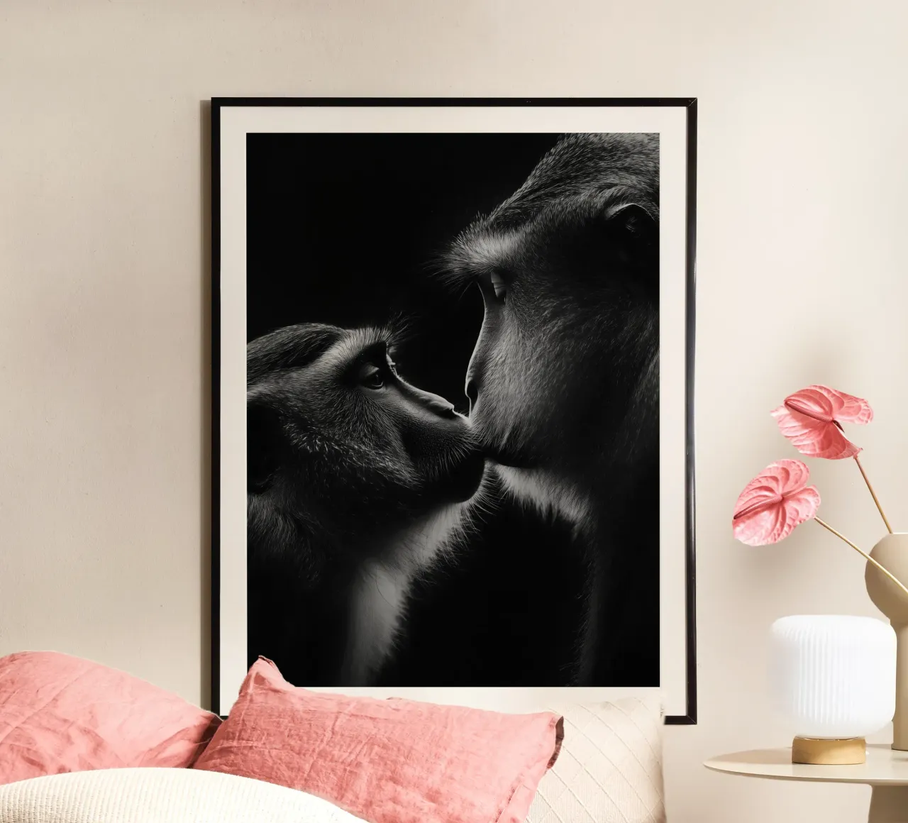 Monkey love | Bacio in bianco e nero poster con telaio in alluminio da Autofocus