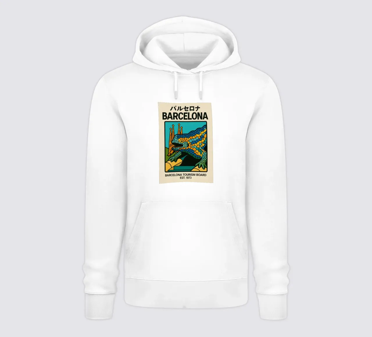 World Icons – Retro Travel Series - Barcelona Mosaic felpa con cappuccio da Studio Mooodz