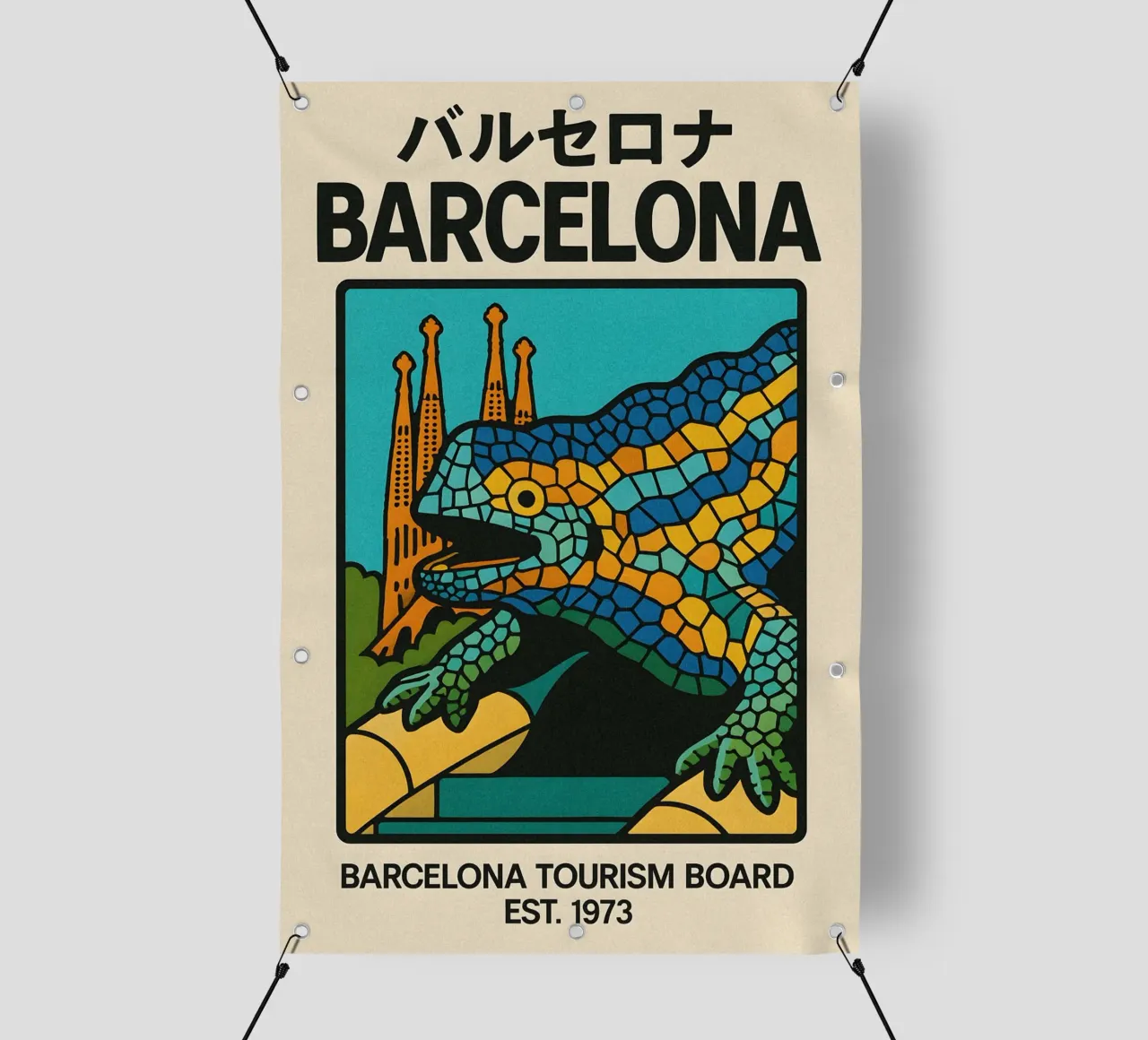 World Icons – Retro Travel Series - Barcelona Mosaic telo in pvc da Studio Mooodz