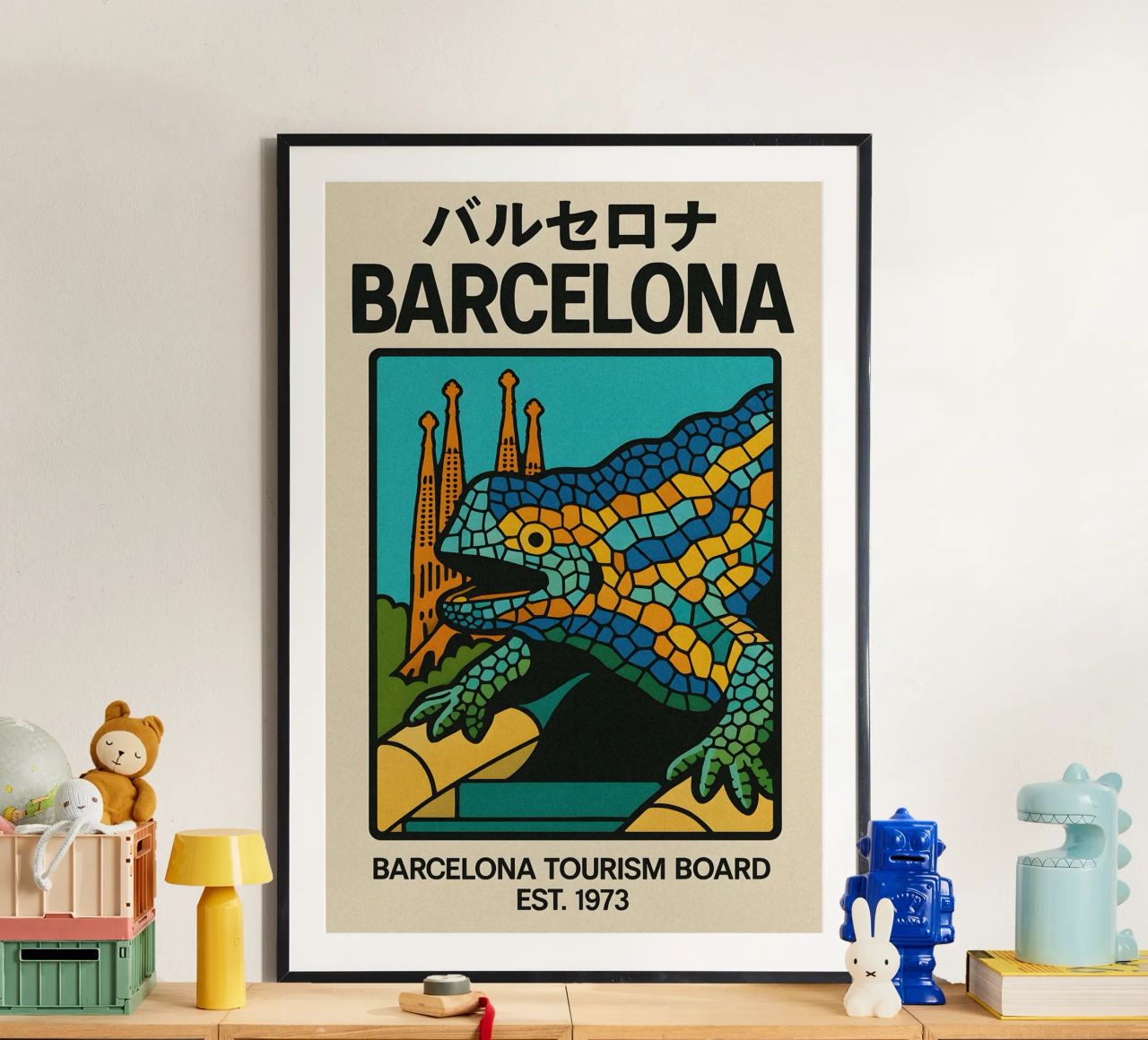World Icons – Retro Travel Series - Barcelona Mosaic poster by Studio Mooodz