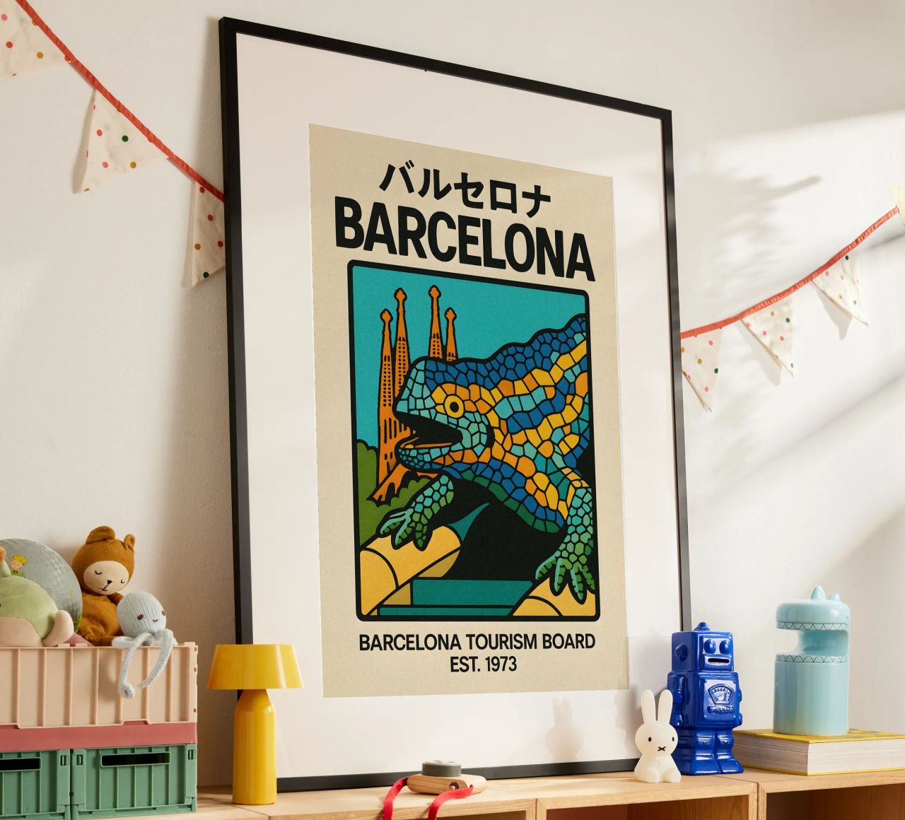 World Icons – Retro Travel Series - Barcelona Mosaic poster by Studio Mooodz