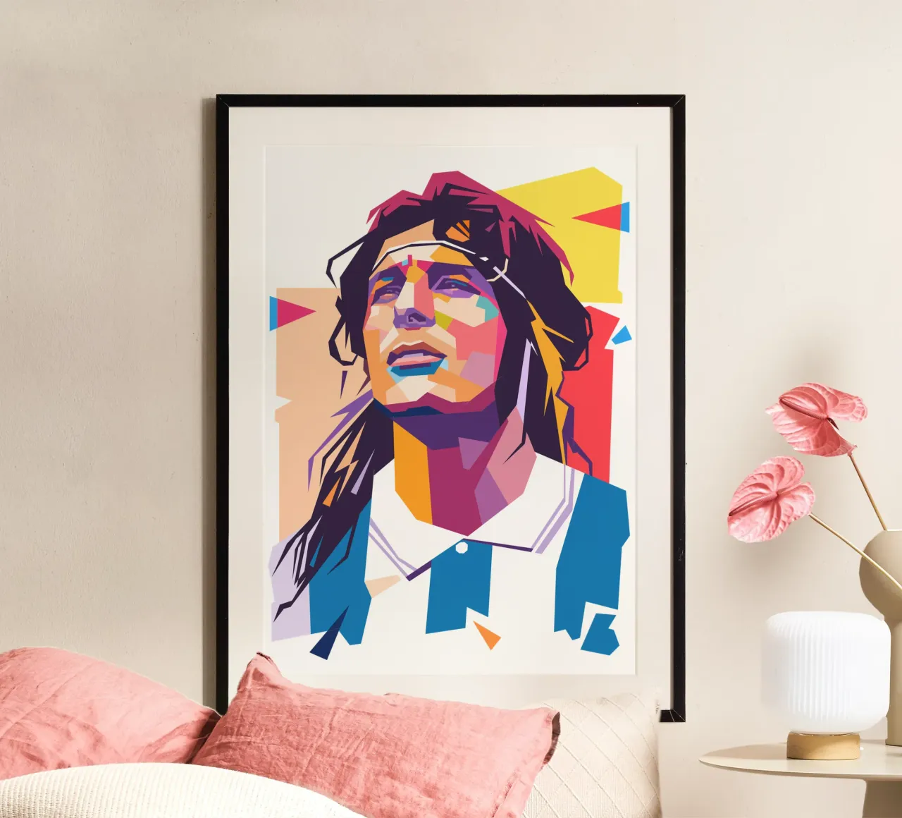 Ritratto pop art dell'icona del calcio Claudio Caniggia poster con telaio in plastica da Hantamrata