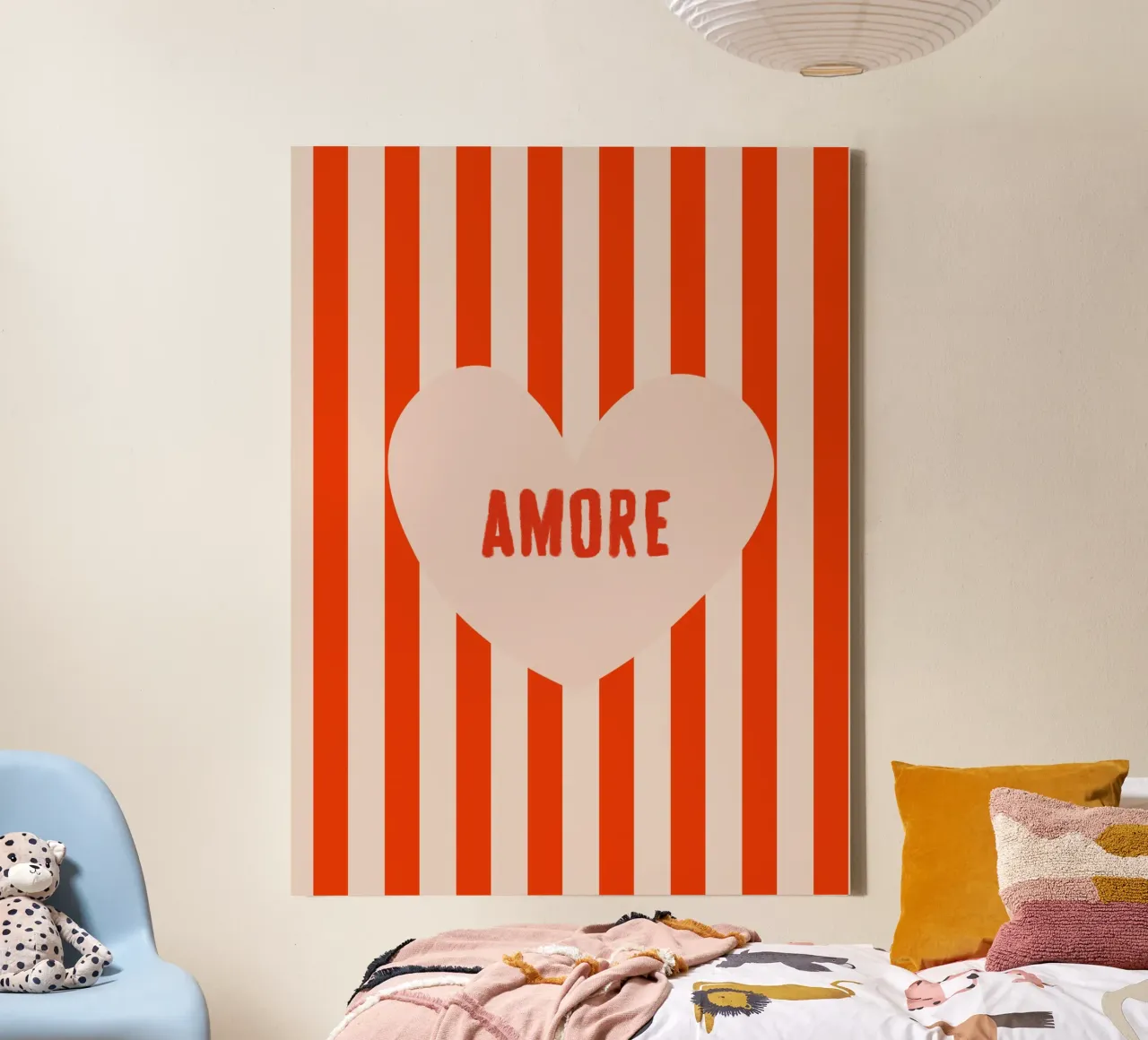 Amore Lettering In Heart On Stripes Red Beige tela con Cornice a cassetta da Alisa Knöß