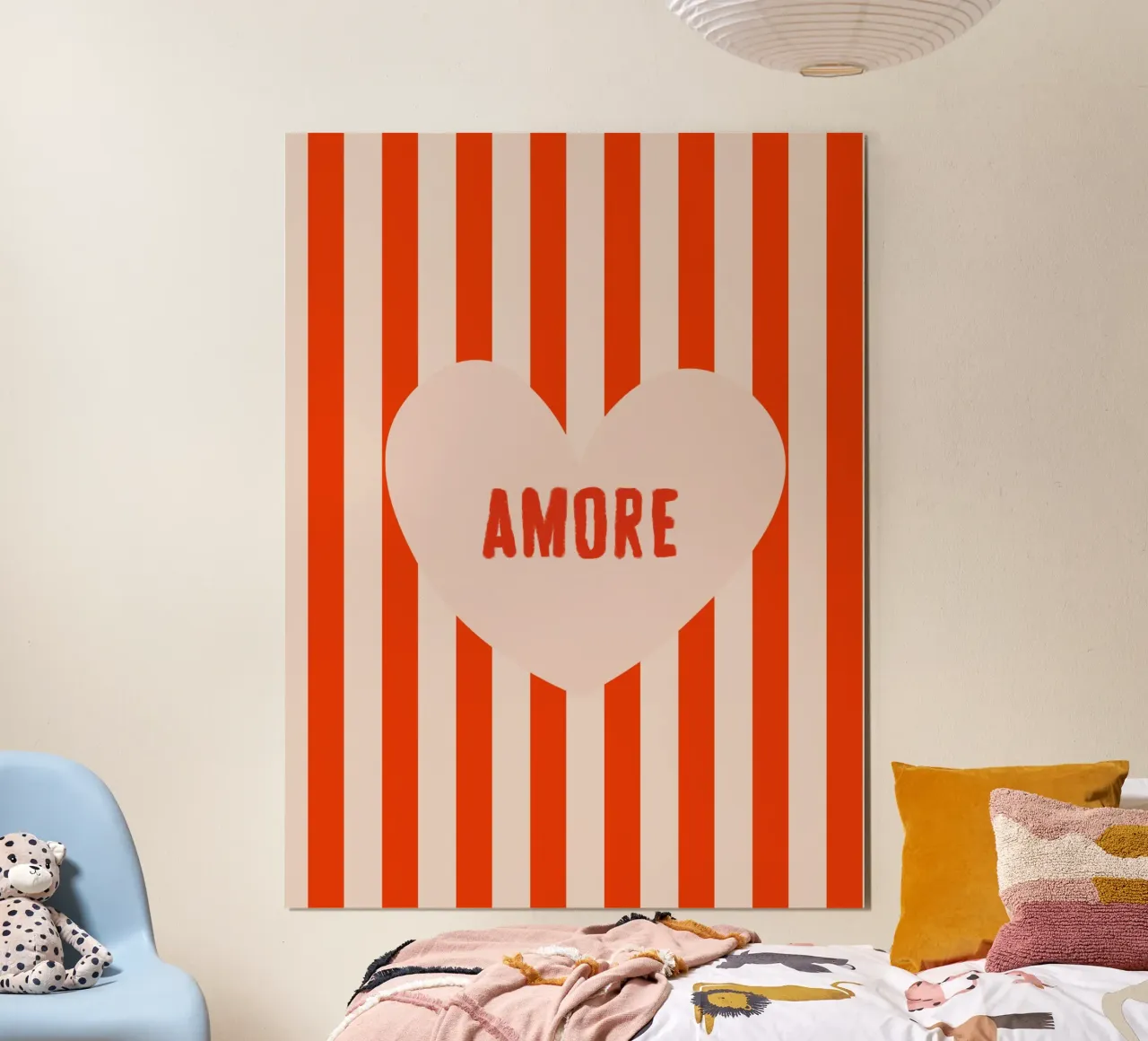 Amore Lettering In Heart On Stripes Red Beige poster con telaio in plastica da Alisa Knöß