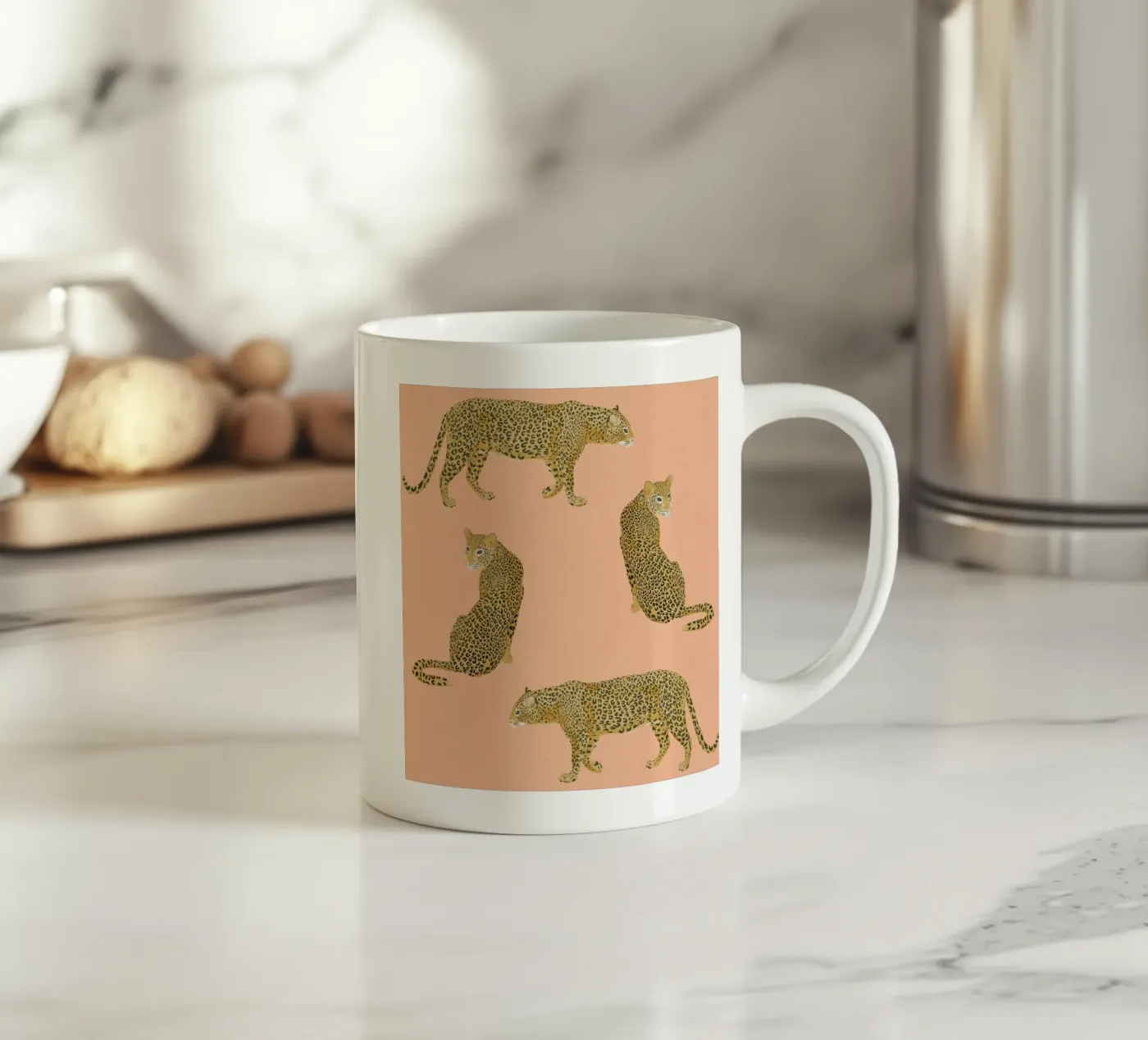 Sunset Leopards ceramic mug by Laura Graves