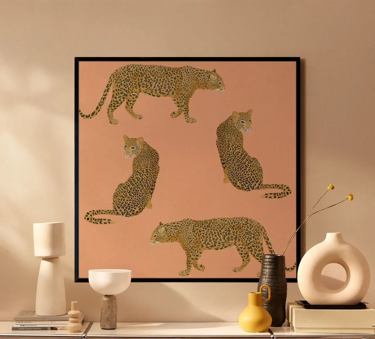 Sunset Leopards poster con telaio in legno da Laura Graves