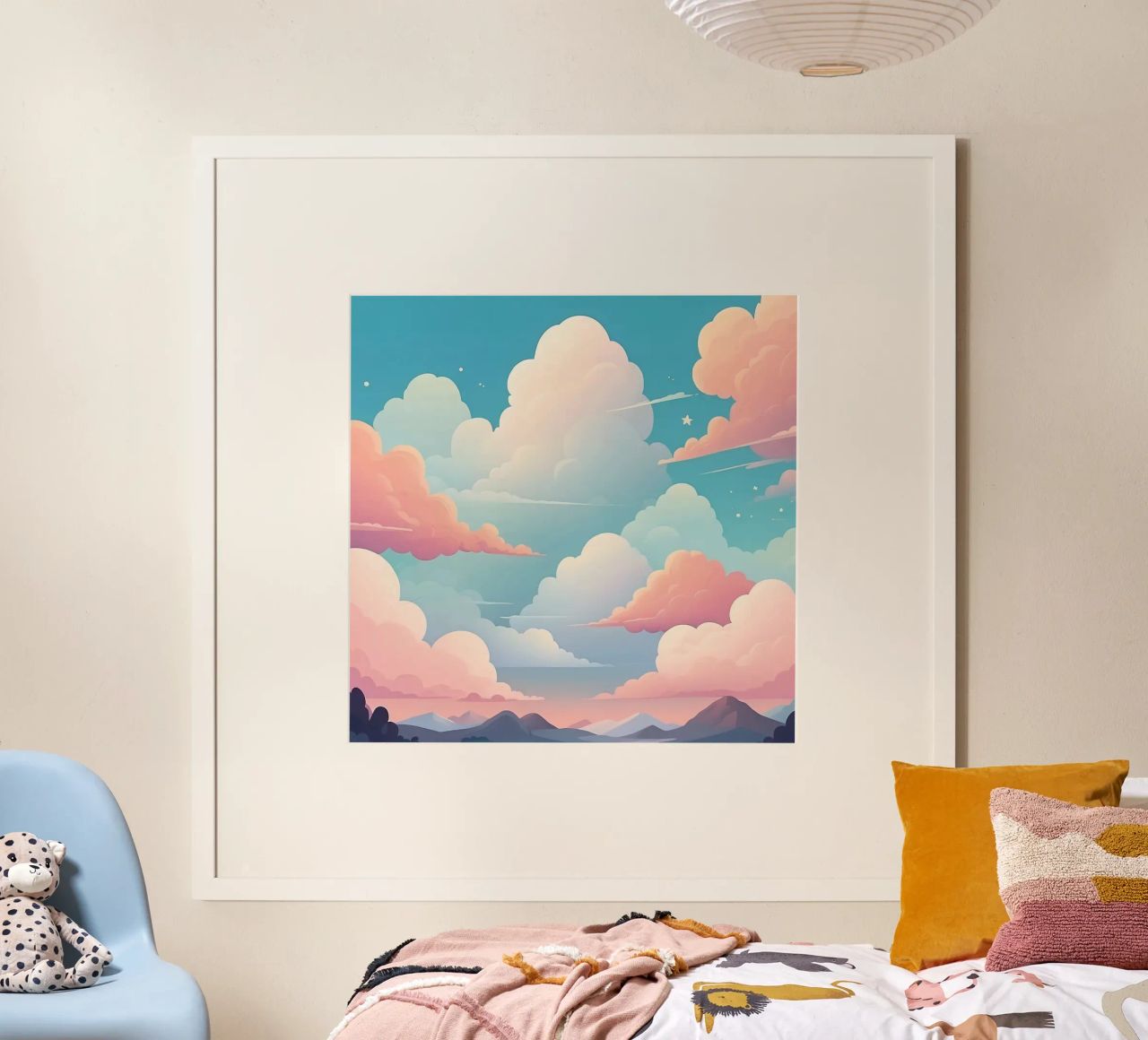 Colorful clouds fill the sky above rolling mountains during poster by DesignDoodle