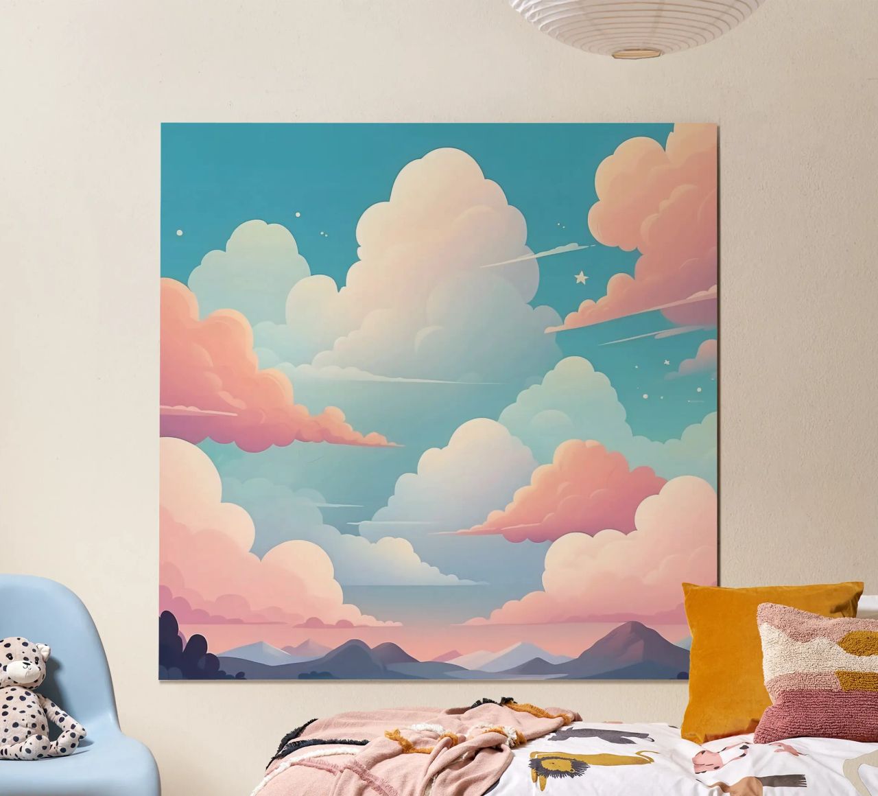 Colorful clouds fill the sky above rolling mountains during poster by DesignDoodle