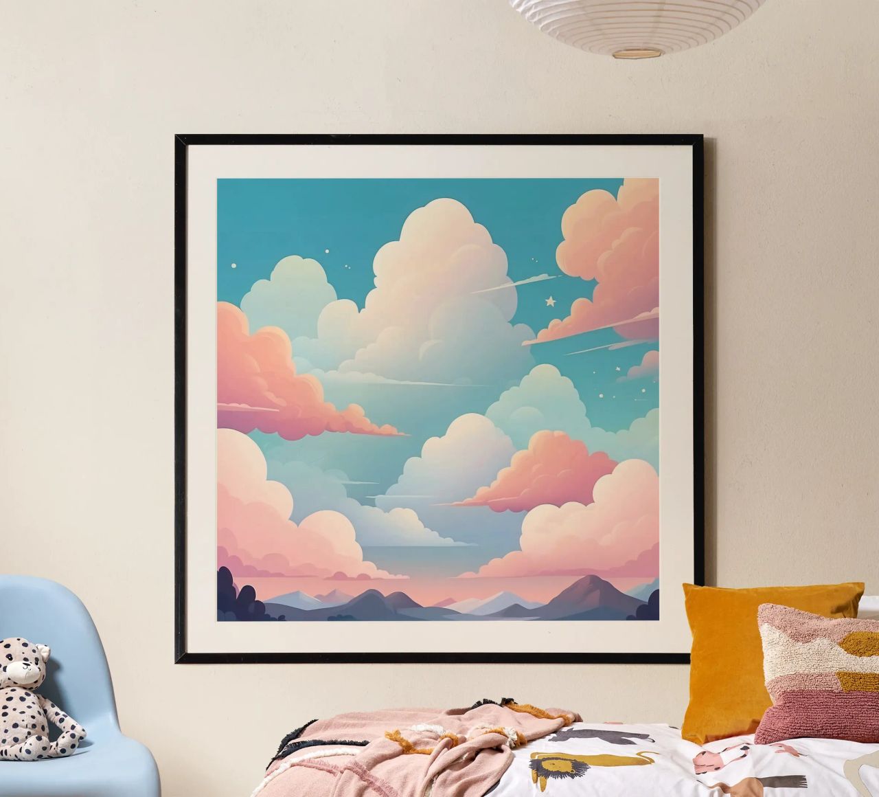 Colorful clouds fill the sky above rolling mountains during poster by DesignDoodle